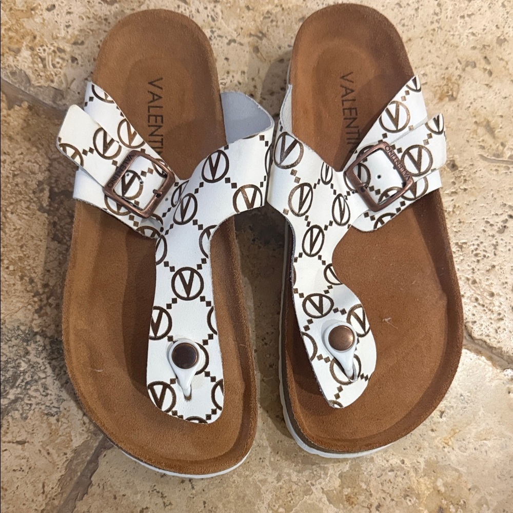 Valentino Logo White and Brown Sandals